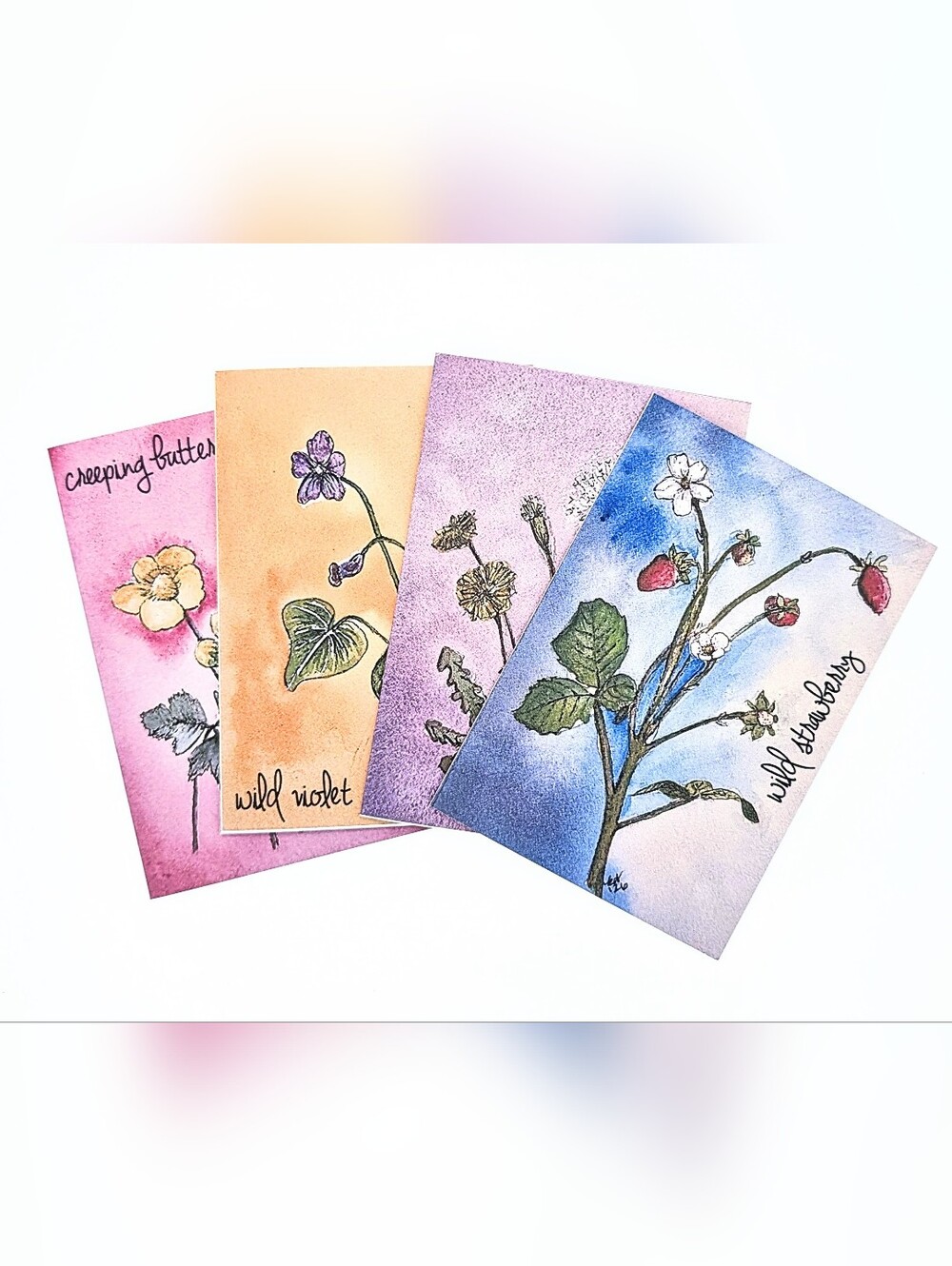 Handmade Botanical Watercolor Prints - Floral Set (Pink, Yellow, Purple, Blue)